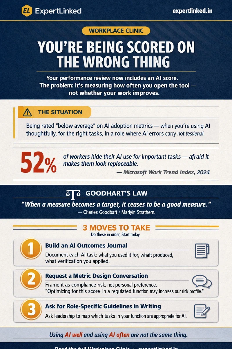 A infographic guide for professionals being rated on AI usage frequency — not outcomes — and how to reframe the conversation before it damages your career.
