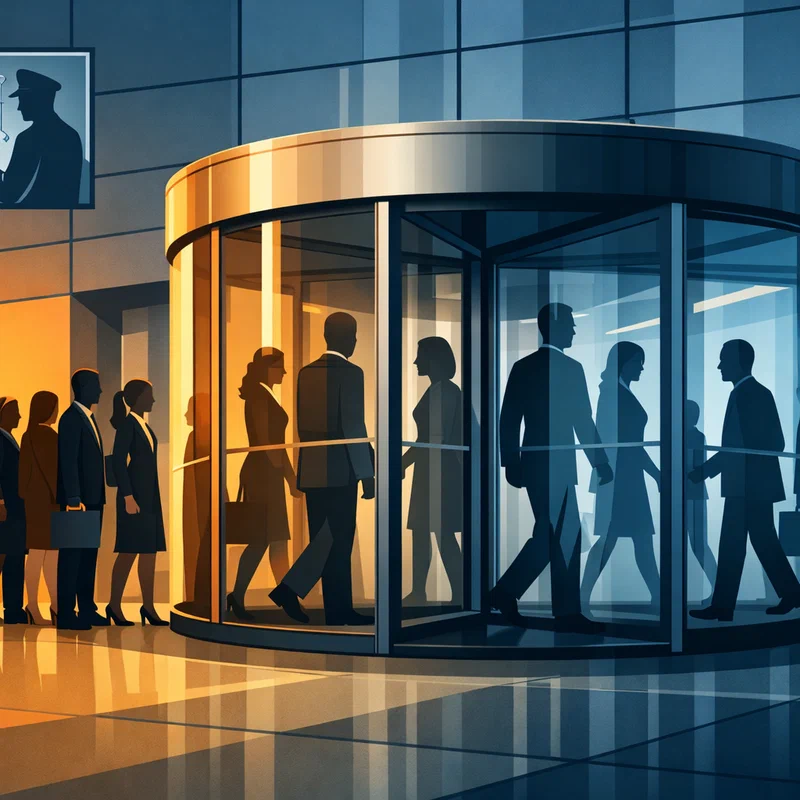 Two identical revolving doors side by side at the entrance of a large corporate tower — one labeled 'AI Model Release' and one labeled 'Labor Market.' Both doors are moving, but slowly, with a visible backlog of figures waiting on both sides. A third figure in the foreground stands with a clipboard, looking at both queues.