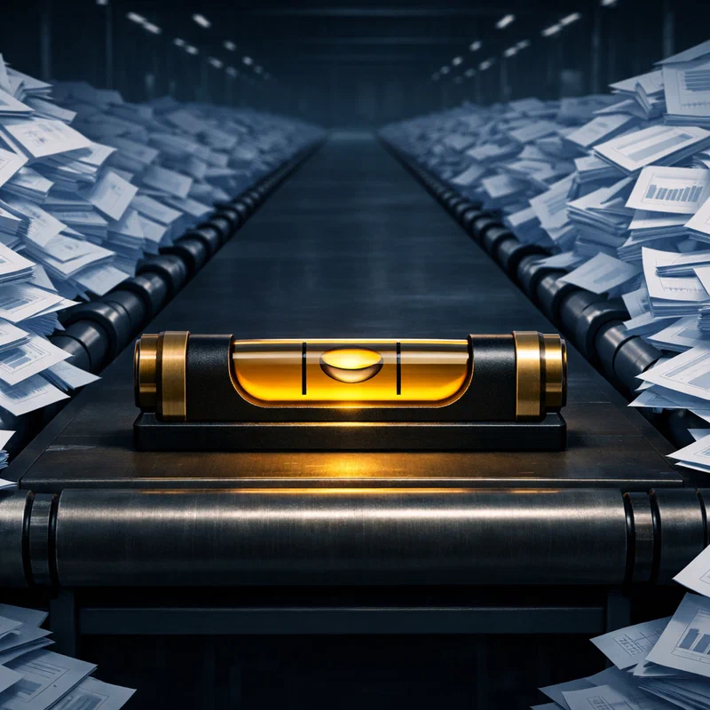 A precise calibration instrument — a surveyor's bubble level with a perfectly centered air bubble — sits atop a vast industrial conveyor belt flooded with identical, polished corporate documents. The instrument is small and easily overlooked, but it is the only object in the scene capable of telling you whether the whole operation is actually level.