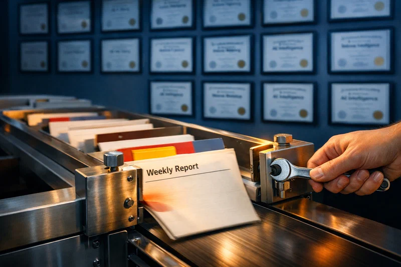 A photorealistic document-processing line under dramatic side lighting: one color-coded weekly report folder moves cleanly through a once-jammed metal gate that has just been precisely adjusted by a human hand, while a wall of framed AI course certificates hangs blurred in the background, visually impressive but irrelevant to the flow.