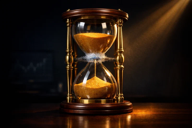 A massive antique hourglass with an ornate brass frame displayed in a dark executive office, its neck crystallized and frozen mid-flow — the top chamber still full of amber sand, the bottom chamber nearly full too, with a thin suspended column of sand caught motionless between them, catching a single shaft of light from a half-open blind in the background