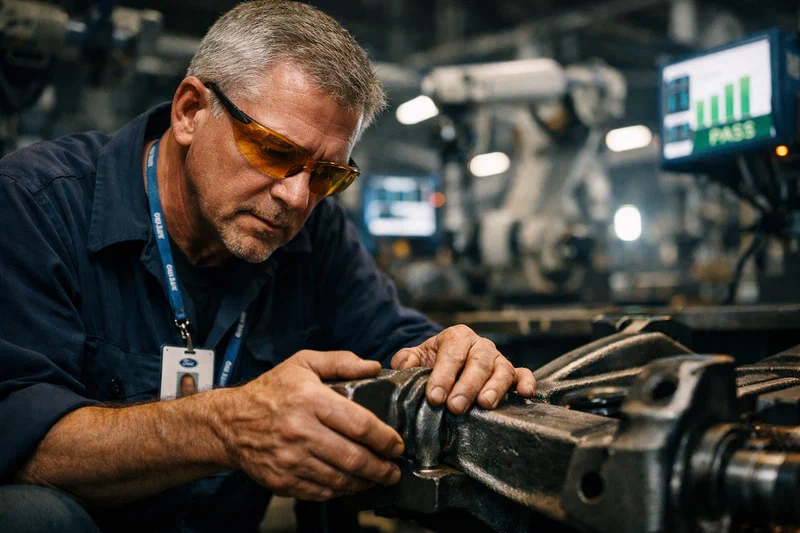 A veteran automotive engineer, gray-haired and wearing safety glasses and a Ford ID lanyard, crouches beside a truck chassis on a manufacturing floor, gripping a suspension component with both hands and examining it closely — behind him, robotic quality inspection arms and blue-glowing AI monitoring screens fill the background, slightly out of focus