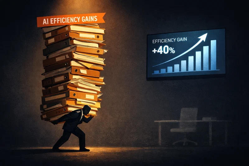 A single professional figure carrying an enormous stack of files and account folders, the pile dwarfing them in scale, while AI efficiency charts glow approvingly on a screen in the background, indifferent to the weight being carried
