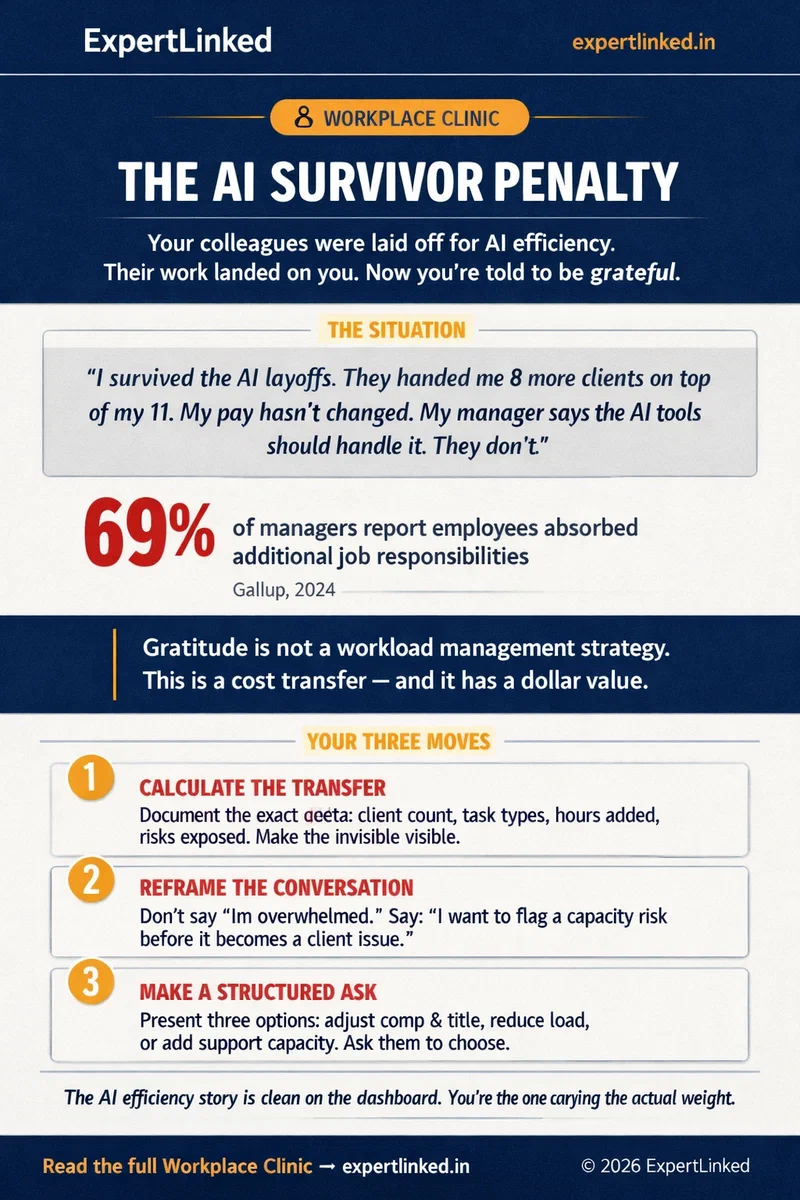 A vertical infographic titled 'The AI Survivor Penalty' explaining the scenario of workload expansion after AI layoffs, providing a clinical read on burnout stats, and a three-move negotiation framework for survivors.