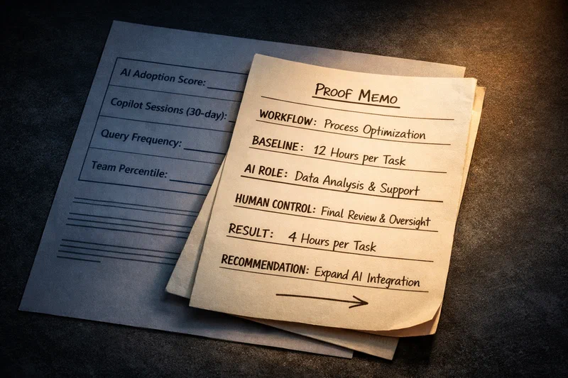 A corporate performance review form with automated AI adoption metric boxes sits in cool shadow, while a handwritten one-page proof memo — with specific numbers, bold field headers, and a forward-pointing recommendation — rests diagonally across it in warm amber spotlight light, physically superseding the automated template beneath it.