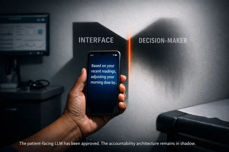 A clinical examination room rendered in stark chiaroscuro: a patient's hand holds a smartphone displaying a glowing AI chat conversation about insulin dosing; the phone casts a sharp shadow on the wall behind it — but the shadow splits into two diverging forms, one labeled 'interface' and one labeled 'decision-maker,' neither touching the floor with any accountability