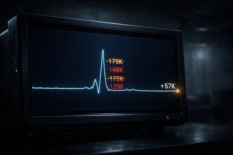 A clinical vital-signs monitor glowing in a darkened room shows a payroll trend trace — mostly flat, with one brief spike in the April–May window that has been annotated with correction marks in red. The current reading at the bottom of the screen shows '+57K'. The machine's blue-white glow is the only light source. A faint amber warning pulse marks the current position on the trace.