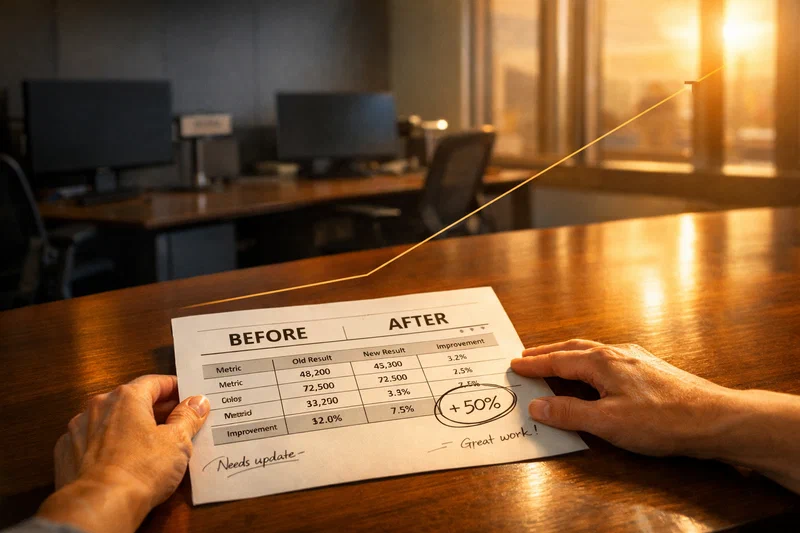 A woman's hands place a single structured proof document on a well-lit desk in an open-plan office; the document shows clear metrics, structured headers, and before-after comparisons in sharp focus; behind her in shallow depth of field, two empty workstations stand cleared of personal items — chairs pushed in, surfaces bare — the office caught in the specific quiet that follows a restructuring, while a thin gold ascending line traces upward from the document toward the warm window light above