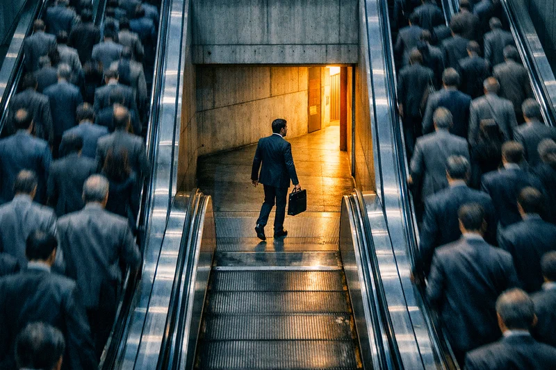 A photorealistic long-exposure image of a busy escalator bank from above: while three lanes of identical commuters are blurred into literal stillness, one razor-sharp individual in focus walks purposefully against the grain across the central landing.
