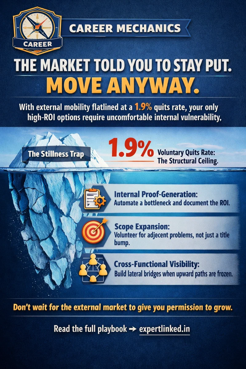 A professional editorial infographic detailing three career moves for a frozen labor market: Internal Proof-Generation, Scope Expansion, and Cross-Functional Visibility.