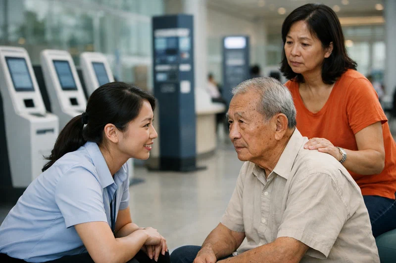 A documentary-style photograph inside a modern Singapore public hospital lobby: an empathetic patient experience worker crouches to speak eye-level with an elderly patient while self-check-in kiosks and digital wayfinding screens recede into soft focus behind them.