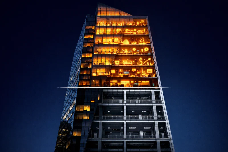 A soaring glass financial tower at night in architectural cross-section — upper floors ablaze with warm amber light revealing the frenetic energy of capital markets and deal-making activity; lower floors rendered in cold, precise engineering diagrams showing empty, unchanged floor plates. A clean horizontal fault line separates the two registers. The glass and steel exterior gleams with prosperity while the cross-section reveals where the transformation has and has not reached.