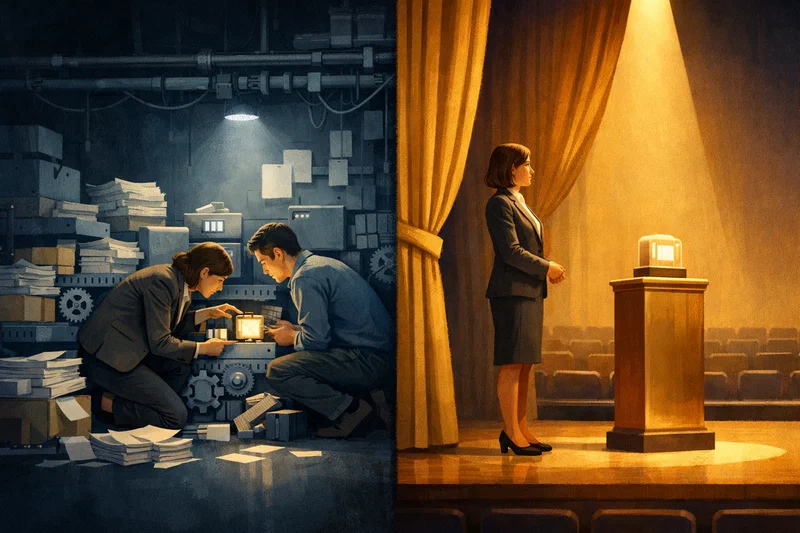 A theater stage shown in clean editorial cross-section: at the front, a manager stands under a bright spotlight beside a glowing AI adoption pedestal and a polished curtain; behind the curtain, the same manager kneels with a team member over a jammed workflow machine, tools and process cards spread out on the floor, revealing that the real work is diagnosis and redesign rather than performance