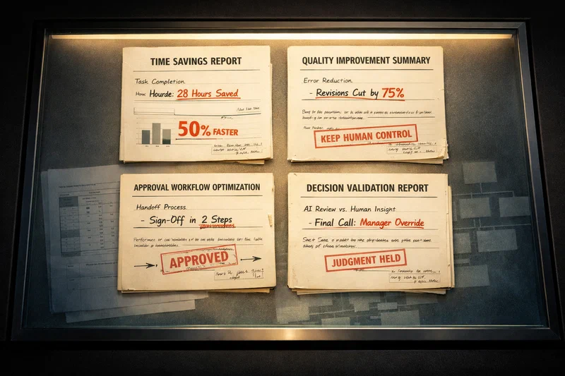 An overhead photo-illustration of four one-page workflow proof memos arranged in a precise grid on a lit archival table, each showing different before-and-after metrics, while a blurred performance calibration sheet and shifting org-chart fragments sit beneath the glass in cold shadow.