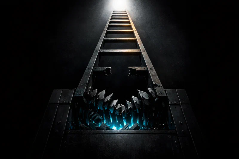 A steel ladder rises upward, but its lower rungs are being ground into a glowing black server rack, leaving a gap no one can climb.