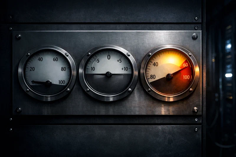 A steel diagnostic panel mounted in a dark machine room shows three large analog gauges: one needle pinned low, one resting exactly at zero, and one glowing hot with overloaded amber light while faint server racks pulse in the background.