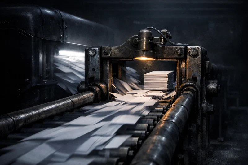 In a dark industrial paper-sorting hall, immaculate white reports pour at high speed from a glowing black AI press into a single narrow validation gate built from worn steel rollers and a brass inspection clamp; only a few sheets emerge neatly stacked beyond the choke point.