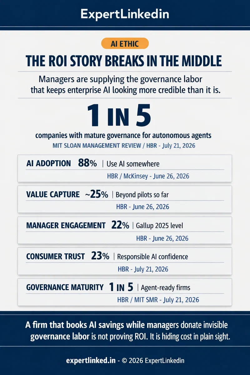 Editorial infographic comparing five enterprise AI accountability signals: 88% organizational AI use, about 25% tangible value beyond pilots, 22% manager engagement, 23% consumer trust, and one in five firms with mature agent governance.