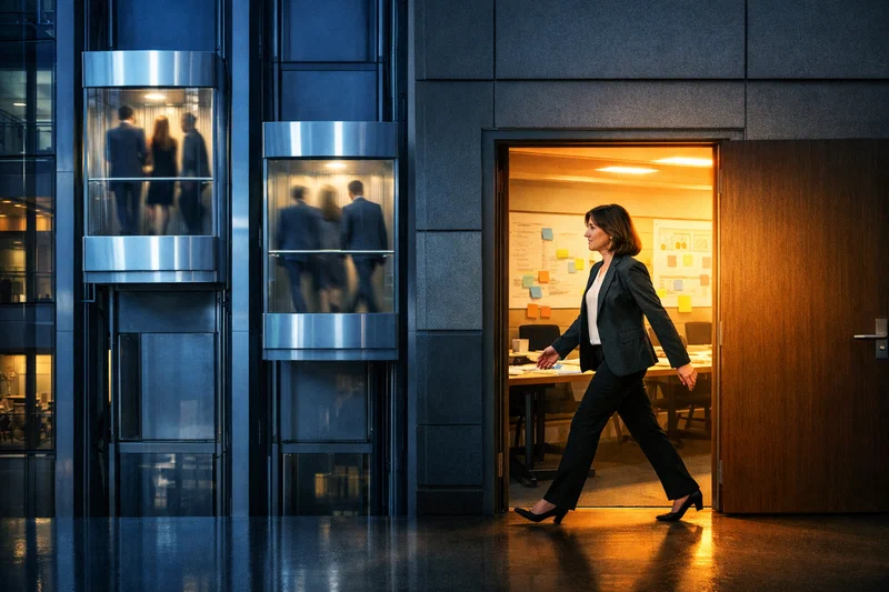 A sharply dressed mid-career woman stands in profile at the center of a long corporate corridor at dusk; behind glass on one side, cold blue elevator shafts carry blurred figures upward, while she steps sideways through an unmarked amber-lit doorway into a working room with paper process maps, binders, and a cross-functional table, her motion crisp while the vertical traffic remains abstract