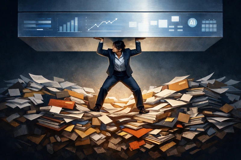 A lone manager stands in a narrow vertical gap, bracing both hands against a polished corporate slab of charts and AI metrics descending from above while standing on a rising floor of crowded folders, calendars, and team messages below