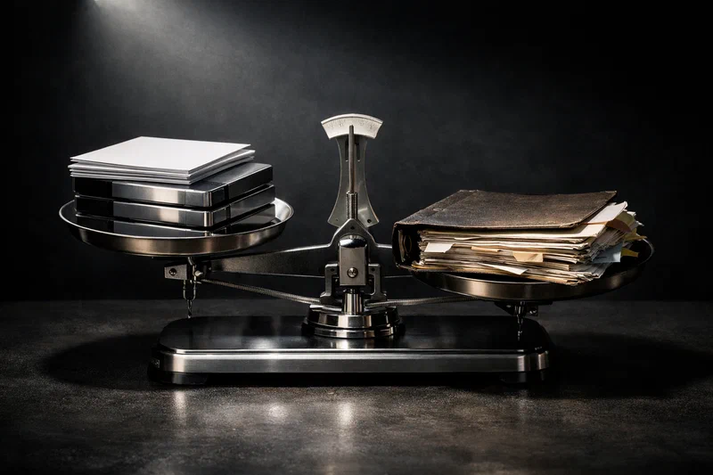 A precision laboratory balance under a hard inspection lamp on a dark table: one lowered pan holds a worn workflow binder with annotated tabs, while the raised pan holds glossy presentation sheets and sleek anonymous AI hardware tiles that look abundant but weigh less.