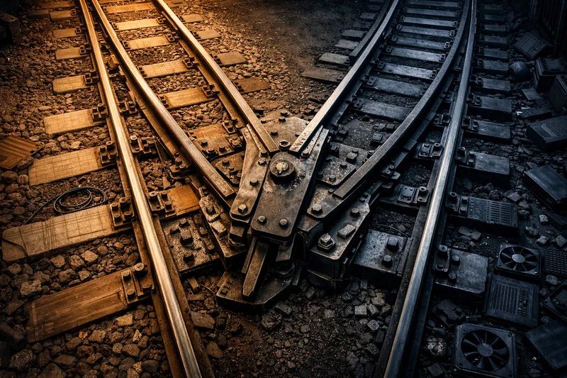 An overhead view of a steel railway switch splitting one incoming track into two sharply diverging paths: the left branch is brightly maintained and textured with subtle cues from healthcare, operations, and finance workflows, while the right branch narrows into a colder corridor lined with abandoned keyboards and dark server housings.