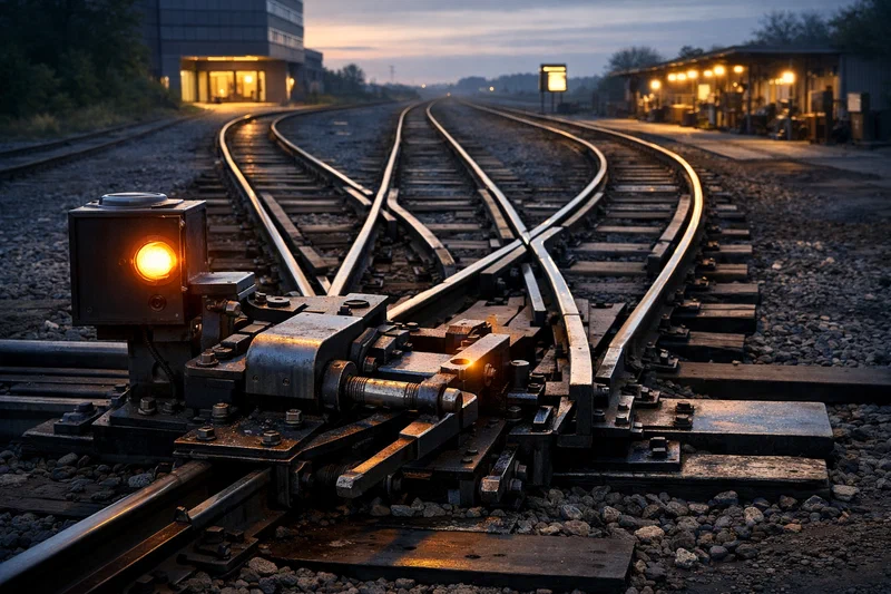 A photorealistic dawn rail junction where three tracks diverge from a single heavy switch just as a steel signal mechanism begins to lock, conveying a narrowing moment of choice before the route hardens.