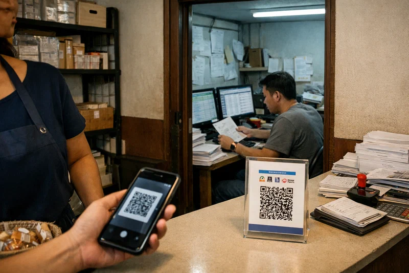 A documentary-style Southeast Asian small-business scene where a customer smoothly scans a QR code at the front counter while, in a visible back office behind the counter, a finance clerk manually matches printed invoices, receipts, and payment records across two screens.