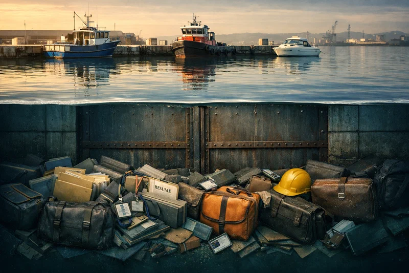 A calm harbor at slack tide seen in cross-section: a few sturdy workboats sit securely moored above mirror-flat water, while beneath the waterline a dense swirl of resume folders, ID badges, delivery bags, and briefcases piles against a closed steel harbor gate.