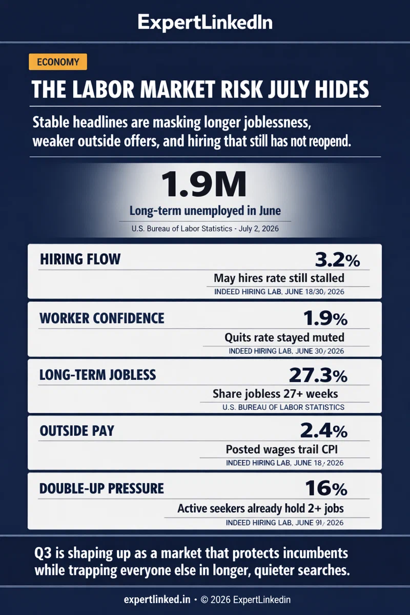 Editorial infographic showing five hidden July labor-market signals: a 3.2 percent hires rate, a 1.9 percent quits rate, 1.9 million long-term unemployed workers, 2.4 percent posted wage growth, and 16 percent of active job seekers already holding multiple jobs.