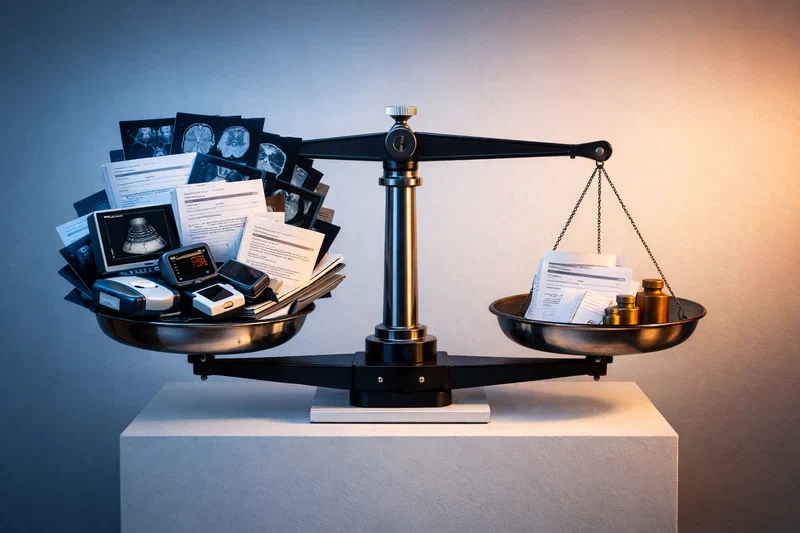A clinical balance scale in a stark hospital-white setting overloaded with glowing radiology films, AI report printouts, and compact diagnostic devices on one side, while thin reimbursement forms and benchmark cards on the other fail to counterweight it.