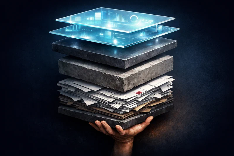 A stack of floating geometric plates representing the org chart floats in darkness. The upper levels are thin panes of translucent glass and glowing AI metrics, while the lower levels transform into heavy slabs of iron, concrete, and thick paper files, ending in a single human hand, palm-up, bracing the crushing weight of the entire stack.
