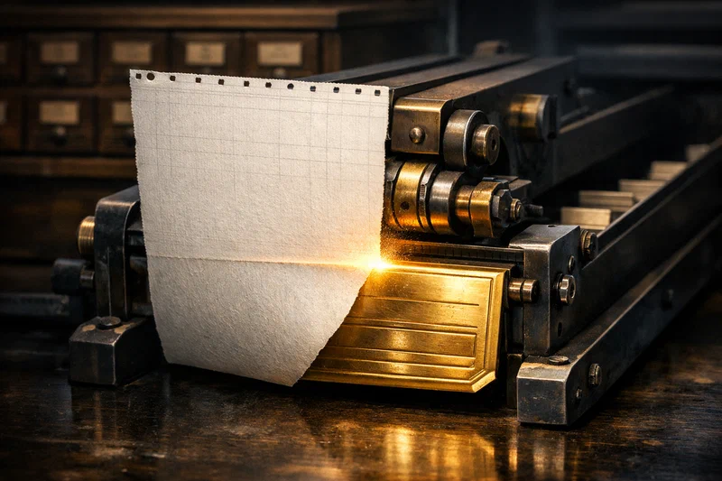 A single white memo sheet is transforming into an embossed brass budget tab as it passes through a heavy steel ledger mechanism, with the transition lit in warm amber against a dark archival background.
