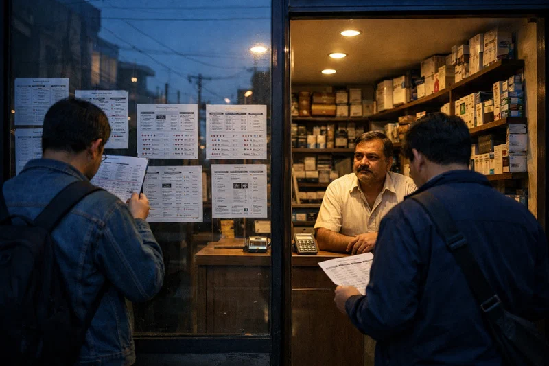 A street-level storefront at dusk where potential customers study dense comparison cards, ratings, and product notes displayed in the window while the warmly lit shop interior behind the door remains quiet.