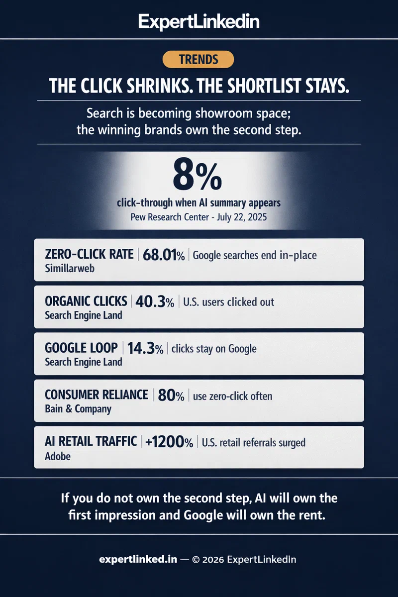 A vertical infographic showing five AI-search signals for small businesses: a 68.01 percent zero-click rate, 40.3 percent U.S. organic click share, 14.3 percent clicks staying on Google, 80 percent consumer zero-click reliance, and 1,200 percent growth in AI-driven retail traffic.