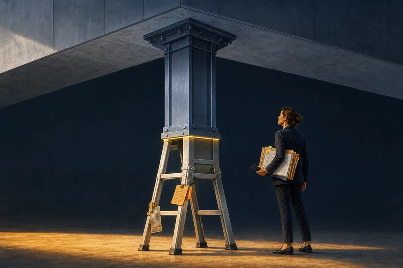 A temporary folding ladder under a polished corporate structure gradually transforms into a permanent steel support column while a lone professional carries folders and messages beside it
