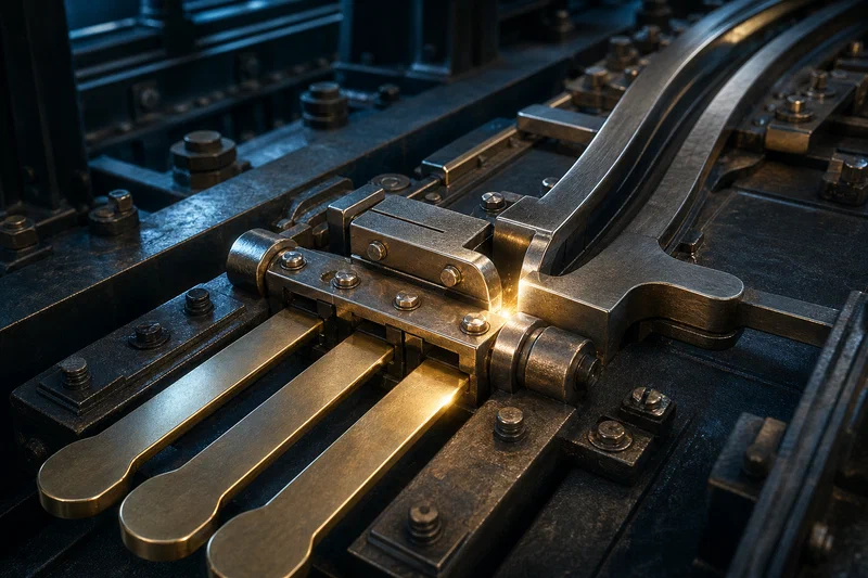 A brass-and-steel rail-switch mechanism shifts sideways into a new track as three slim metallic tabs lock into place, symbolizing that an internal move opens only when multiple forms of proof align.