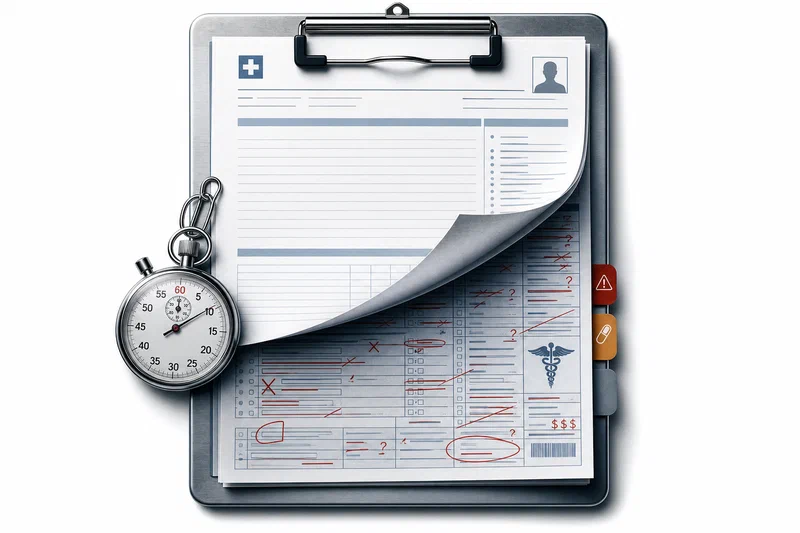 A pristine clinical note clipped to a hospital chart appears clean on the surface, while an x-ray-like lower layer reveals red correction marks, missing medication lines, and coding flags accumulating underneath.