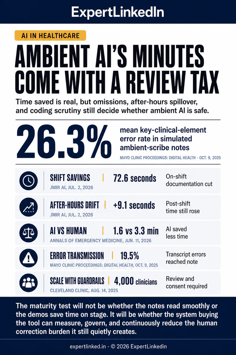 Vertical infographic comparing ambient AI scribe evidence across named studies, including note error rates, time savings, after-hours spillover, physician review requirements, and large health-system rollout data.