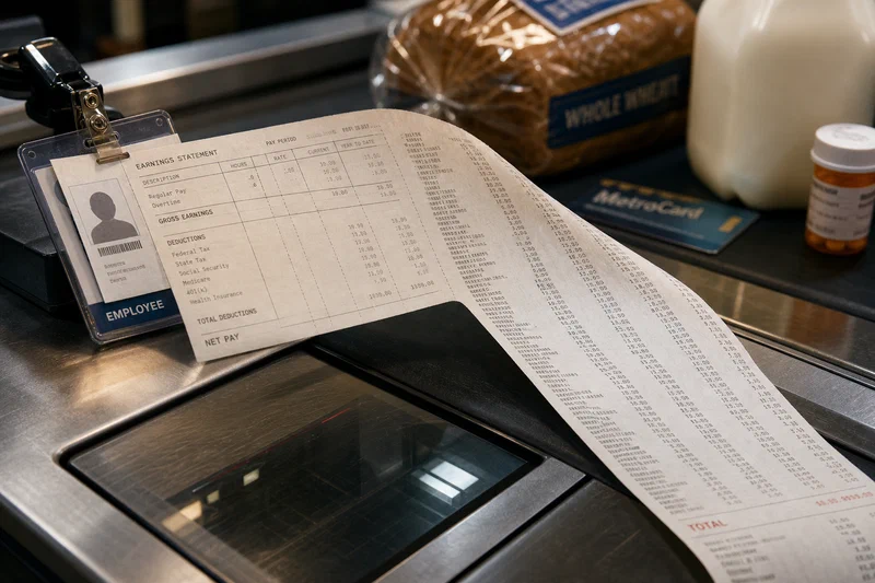 A payroll stub clipped to an employee ID badge gradually transforms into a long grocery receipt across a supermarket checkout counter under cold fluorescent light.