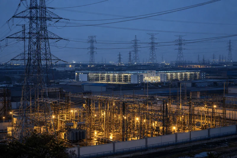 A documentary-style Southeast Asian industrial corridor at blue hour where a bright new data-centre campus sits behind a high-voltage substation, transmission towers, and low factory roofs, making the power system the dominant visual subject.