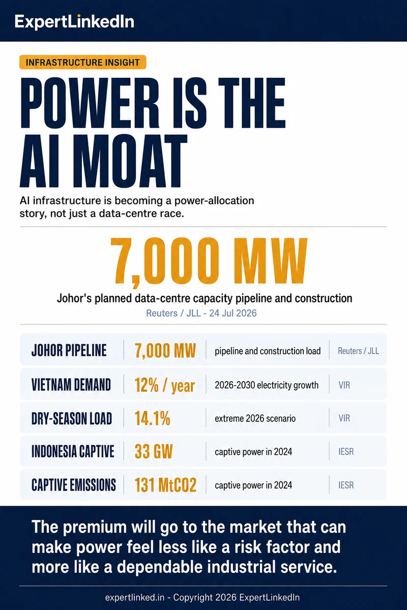 A vertical infographic comparing Johor's planned data-centre load, Vietnam's electricity-demand growth, and Indonesia's captive-power expansion and emissions burden.