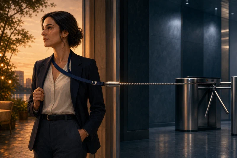 A soft fabric access lanyard worn by a composed professional stretches across a split scene and silently transforms into a taut steel tether connected to a polished corporate turnstile behind her