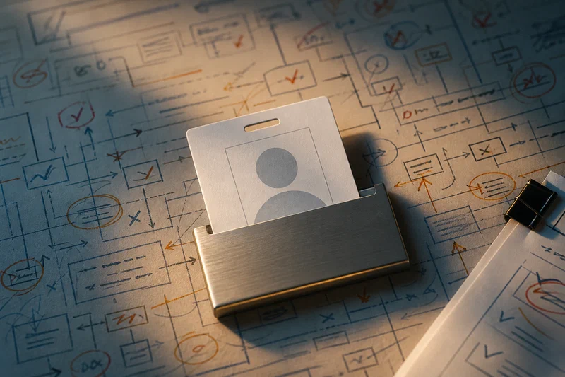 A temporary paper employee badge half-slides into a permanent brushed-metal holder on top of a densely annotated workflow map with arrows, exception notes, and a clipped one-page proposal, suggesting that the real role was built in the process before it was named on paper.