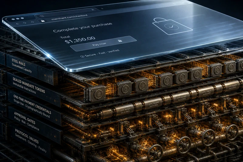 A conceptual cross-section where a thin glass browser window floats above a dense industrial layer of steel rails, sealed tokens, approval gates, and mechanical control valves that carry the real operational load.