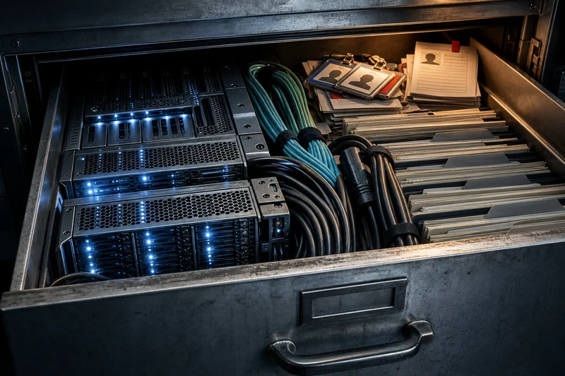 A steel filing-cabinet drawer pulled open like a budget cross-section, crowded with glowing server blades and lease documents while a thin stack of employee ID badges and resumes is pinned into the back corner.