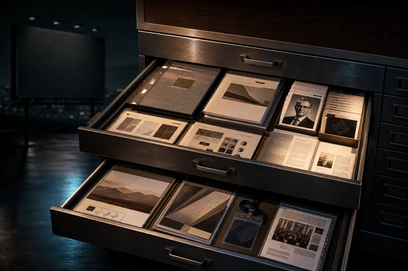 A photorealistic archival proof cabinet stands open under warm light, filled with case study binders, document carousels, expert headshots, and report folders, while a dark unused billboard frame fades into the background.