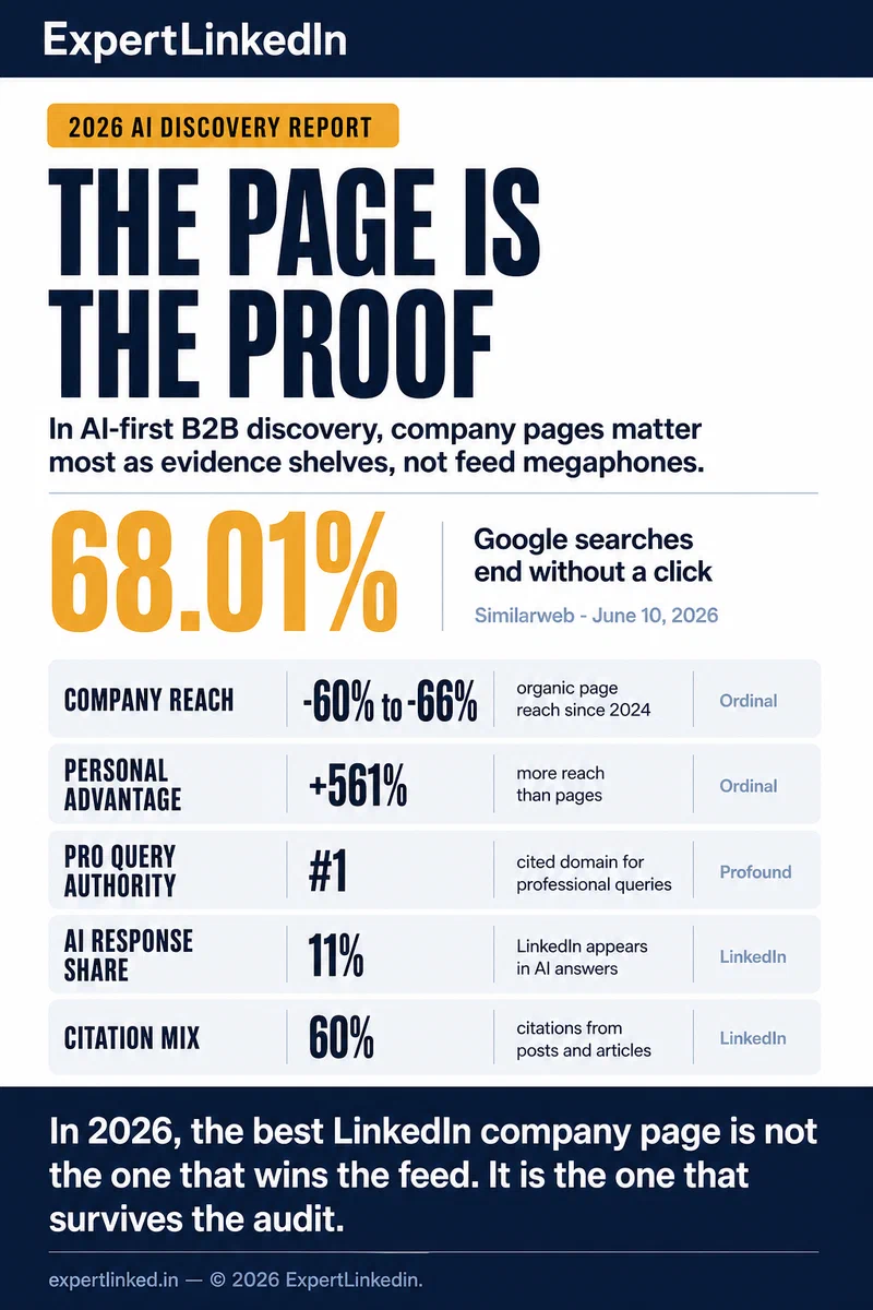 A vertical infographic comparing falling LinkedIn company-page reach with rising AI citation signals, showing why company pages now work as proof archives while personal profiles carry distribution.