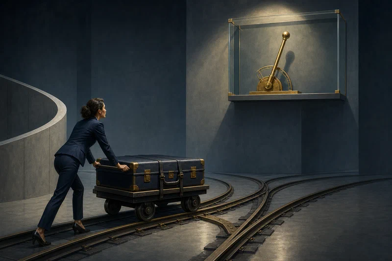 A poised professional steadies a heavy sealed presentation case strapped to a small rail cart on branching tracks while the brass switch lever controlling its direction sits high behind glass, visibly out of reach