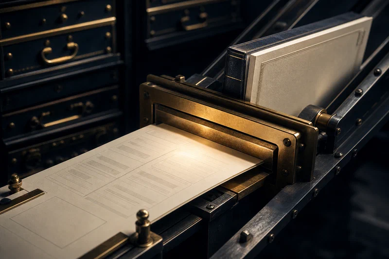 A single cream business-case sheet is passing through a narrow brass-and-steel institutional slot; on one side it is loose paper, and on the other it emerges clipped into a polished internal dossier, lit by warm amber against a dark engineered background.